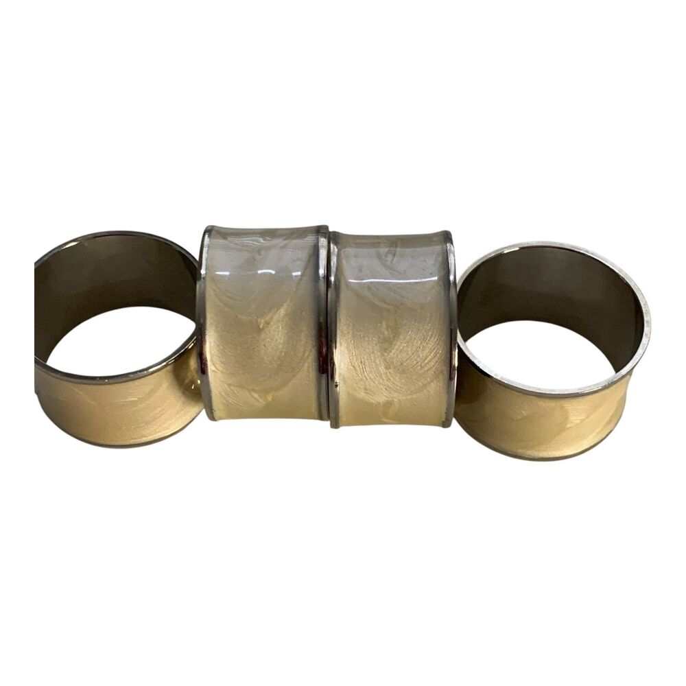 Set of 4 CRATE & BARREL Enamel NAPKIN RINGS 1.5" Silver with Gold Swirl Design